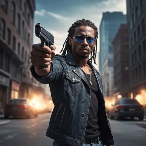 Prompt: A man standing  and  holding a pistol he is pointing the pistol at the viewer , urban settings, black skin, mirrored lens sunglasses, dreadlocks, opened black jacket, muscular body, blue jeans, (illustration), (high resolution), dramatic lighting, somber atmosphere, detailed background with city buildings and streets, dark color tones, realistic art style, ultra-detailed,explosion in the background , dramatic lights around the man ,low angle shot 