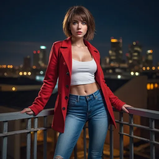 Prompt: 4k , high resolution , detailed ,glamour photography , dramatic colors ,contrast, realism ,professional, lights on the woman  , art photography,neglected rooftop, urban view, night , a woman standing near the railing in modeling pose,bucket , bangs haircut, brown hair , opened red coat and white crop top under the brown jacket  , blue long tight  jeans , portrait , legs , low angle shot 