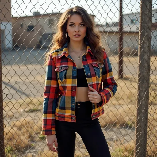 Prompt:  Standing confidently in front of a chain-link fence, a woman exudes a casual yet stylish vibe with her vibrant plaid jacket featuring shades of red, yellow, and blue, paired with simple black leggings . . The background  reveals a muted urban landscape, highlighting a mixture of buildings with earthy tones, while the ground is scattered with patches of dry grass, indicating an outdoor setting perhaps during the late afternoon . The natural light casts subtle shadows, enhancing the texture of both her outfit and the gritty surroundings, contributing to a mood of relaxed confidence against an urban backdrop. The overall composition creates a harmonious balance between the subject’s fashion-forward presence and the understated rawness of the environment.