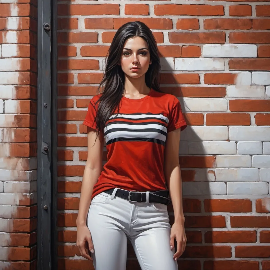 Prompt: 4k , high resolution , oil painting , industrial settings  , ultra-detailed street ,art photography , bright colors , woman standing near rusty brick Wall  , modeling pose  , (white with red horizontal striped t-shirt) (same pattern of the stripes, 6 stripes)  , (black leather pants ), brown skin , black hair , long hair , slavic face  