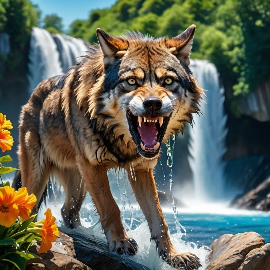 Prompt: 4k , high resolution , detailed photo , oil painting  , animal photography ,close up ,summer,nature , waterfall ,clear shot , flowers ,blue sky ,wolf  stands on rock and  exposes his teeth , aggressive look , scary  , attacking , photography , , aggressive colors in the background ,dynamic water on waterfall , action ,low angle shot 