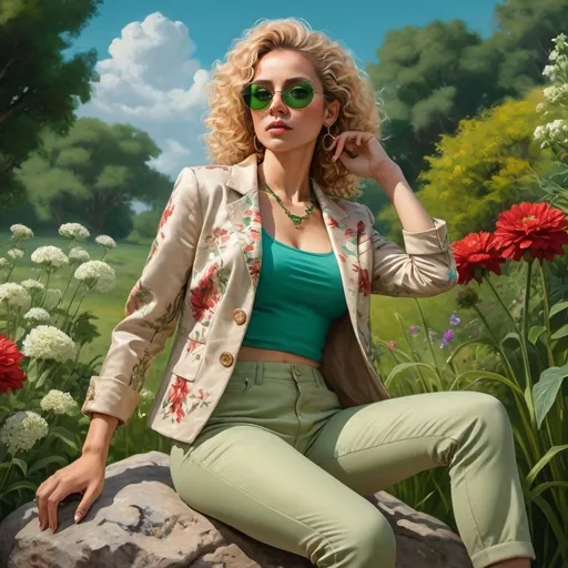Prompt: 4k , high resolution , art photography , oil painting , hyper realistic painting, fashion ,detailed features , blue sky , beautiful garden,grass , dramatic colors ,a 35 years old woman sitting on rock near flowers  ,modeling pose , blonde curly hair , beige floral jacket , green crop top shirt , green tight pants , green sunglasses ,necklace , red bag  , low angle shot , dramatic , good composition , she looks powerful and confident , 