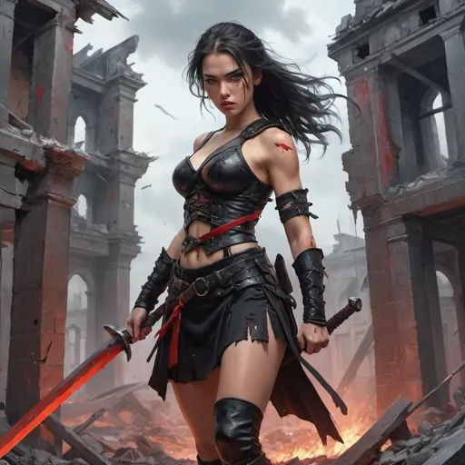 Prompt: 4k , high resolution , oil painting , artistic ,fantasy ,destruction, bright colors ,red gray and black colors, a warrior woman with sword ,she stands near pole in ruined buildings ,   black hair , braid hairstyle , 
  , wounds on face , short black skirt with belt  , black combat corset,shields on both shoulders  , action , dynamic , combat stance , low angle shot , emotional face,portrait