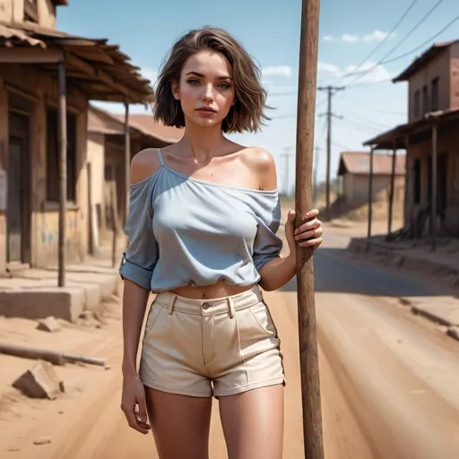 Prompt: 4k , high resolution , modeling , fashion, outside  ,digital painting , realism , urban , , road mixed with sand  ,old poles , old houses are behind , sky ,
a woman holds the  pole in her hand , modeling stance , artistic , creme white shorts ,  off shoulder tiffany blue shirt , dark colors , 