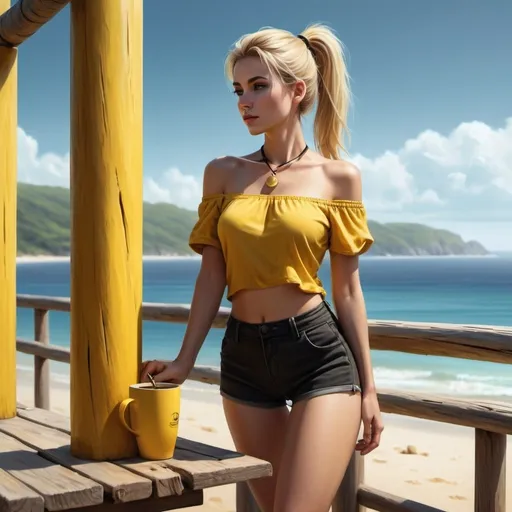 Prompt: a woman stands next to wooden pole and holds coffee from yellow cup ,wooden table ,window , beautiful view , sea ,sand, high resolution , 4k , digital painting , realism , the woman wears black shorts , yellow off shoulder top ,blonde hair , ponytail ,necklace , legs , artistic modeling stance , modeling  photography  , close up , low angle shot ,dark colors 