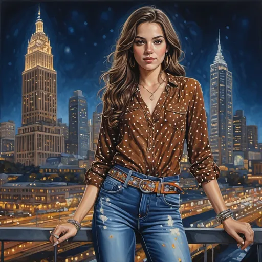 Prompt:  (photorealistic) woman,in brown blouse with a patterns of white dots ,3/4 jeans with belt ,long brown hair , bracelet,, , , posing for a picture, in front of a towering building, vibrant city lights in the background, deep blues and silvers of nighttime, intricate details in her outfit,  creating a lively ambiance, (extremely detailed) oil painting, capturing the essence of nightlife with a glossy finish, (high quality) 4K, ultra-detailed textures.l