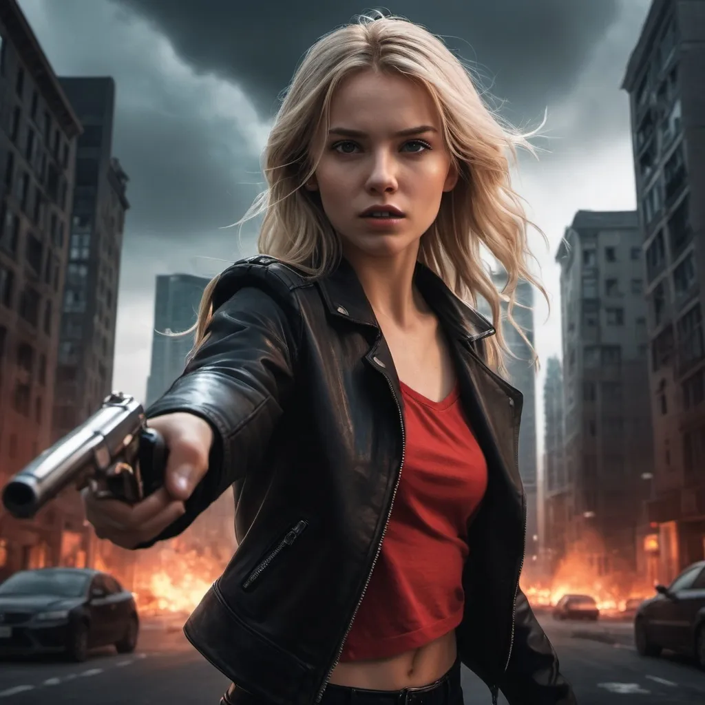 Prompt: a woman holding a gun, she is pointing the gun at the viewer  , urban settings, long blonde hair , opened black jacket, red crop top shirt , black leather pants ,(illustration), (high resolution), dramatic lighting, somber atmosphere, detailed background with city buildings and streets, dark color tones, realistic art style, ultra-detailed,explosion in the background , dramatic lights around the woman ,low angle shot , art photography , close up on the woman 