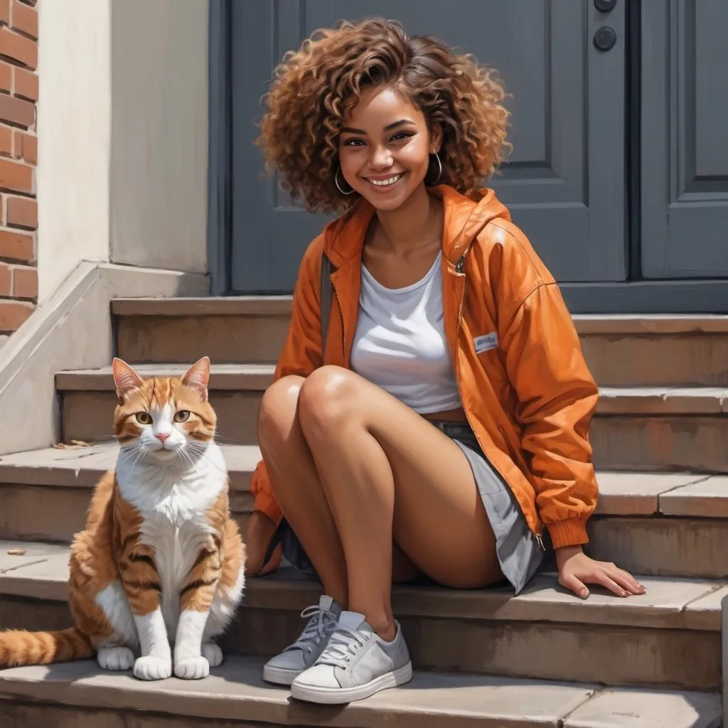 Prompt: 4k , high resolution , detailed , digital painting , realism , sidewalk , a woman sits on stairs ,she is looking at cat and smile  ,brown skin ,curly hair ,she wears brownish orange jacket , white crop top shirt , gray miniskirt , 