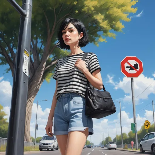 Prompt: 4k , high resolution , detailed , digital painting , bright blue sky ,,
(a woman) standing near a tree and holding a stylish bag (low angle shot), (bus stop , ) with a traffic sign nearby, wearing a stylish black and white striped t-shirt paired with striking black shorts , (short black hair), (pale skin),