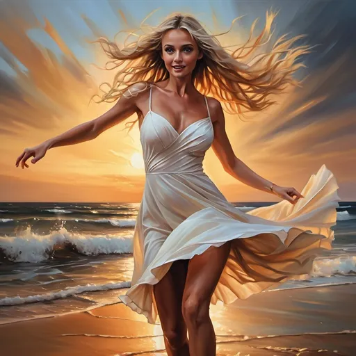 Prompt: 4k ,oil painting , high resolution ,artistic, dark colors, sea , sunset , sand , a woman is dancing,dramatic dance ,good mood, fun,joy, white cream short dress ,detailed dress, blonde long hair  ,dynamic, dress moves while dancing , low angle shot ,legs , good composition , strong wind , close up , hands movement