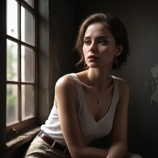 Prompt: high resolution , 4k , detailed face , dark colors , realism,expressionism , , sad atmosphere, professional modeling photography ,promotional image , dark room , dark walls ,dramatic lighting , a woman in modeling pose, white sleeveless shirt , khaki tight pants , necklace , earrings , sunlight shines the woman through window , red wine on the windowsill 