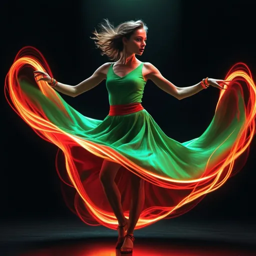 Prompt: 4k , high resolution,surrealism  , digital painting  , ultra detailed , art photography , bright colors , black background    , a woman dancing in the dark room ,she wears  red glowing bracelets illuminating her hands) , dynamic movement , full body ,  green miniskirt  dress , the dance makes the dress look more dynamic , 