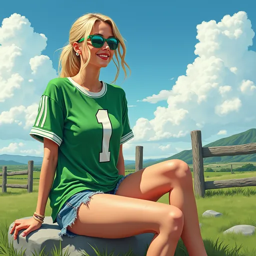 Prompt: a digital painting(realism) of a blonde  woman with oversized sporty green shirt with white trim and white stripes and the number "1" written of her shirt  , jeans shorts ,she wears a green sunglasses with mirrored lens  , grass field , bright blue sky ,clouds , beautiful view ,the woman sitting on a rock and near her there is a old wooden fence and she is smiling 
