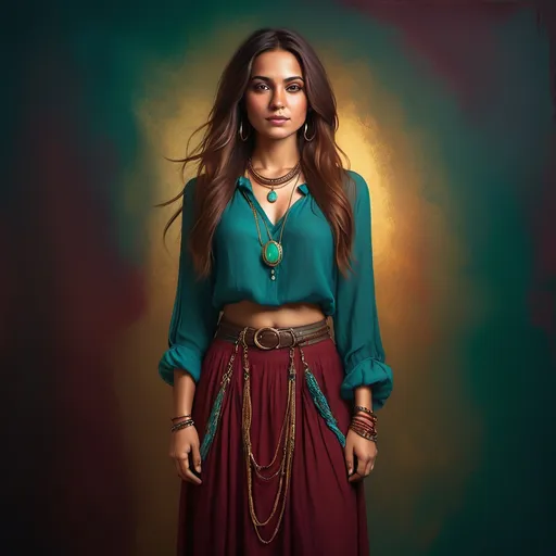 Prompt: high resolution , bright colors , 4k , A digital painting of good looking woman in blue blouse shirt with Bohemian Maxi Skirt
  ,long hair , bracelet, emerald green neckless stone with golden chains ,  she is in studio backdrop with a textured dark red and maroon gradient, featuring soft shadows and a moody vignette effect, creating a warm and elegant ambiance." , she is standing in a modeling pose , artistic photography , fashion  