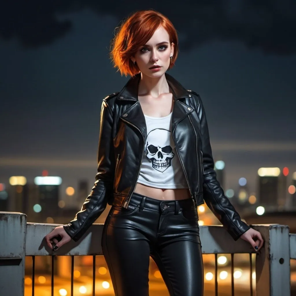 Prompt: 4k , high resolution , detailed ,fashion photography ,digital painting , dramatic ,bright colors, realism ,professional, lights on the woman , art photography,neglected rooftop, night, a woman standing near fence in modeling pose, short haircut ,red hair, pale skin ,earrings , black leather coat with skull painting on it and white undershirt on it , black leather pants  , portrait , legs , low angle shot ,