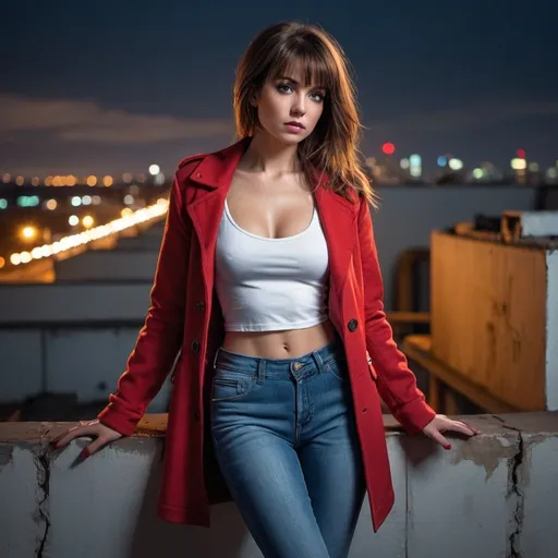 Prompt: 4k , high resolution , detailed ,glamour photography , dramatic colors ,contrast colors , realism ,professional, lights on the woman  , art photography,neglected rooftop, urban view, night , a woman standing near the wall in modeling pose,bucket , bangs haircut, brown hair , opened red coat and white crop top under the brown jacket  , blue long tight  jeans , portrait , legs , low angle shot 