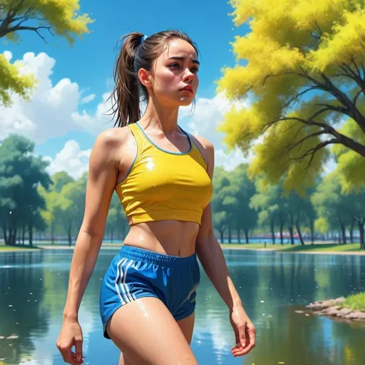 Prompt: 4k , high resolution, bright colors ,realistic illustration,  park , blue sky ,tree, a woman is modeling , model stance, lake , brunette hair , ponytail, yellow crop top shirt , blue sport shorts  , show floor ,dynamic ,close up , emotional face expression ,expressionism , low angle shot , portrait ,wet face