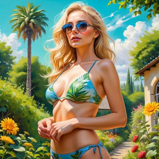 Prompt: 4k,oil painting,high resolution,professional, bright colors , blue sky,modeling ,low angle shot ,  woman is modeling , garden ,she is standing at beautiful garden , blonde hair,green swimwear ,focus on legs ,she holds sunglasses in her hand , crossed hands stance