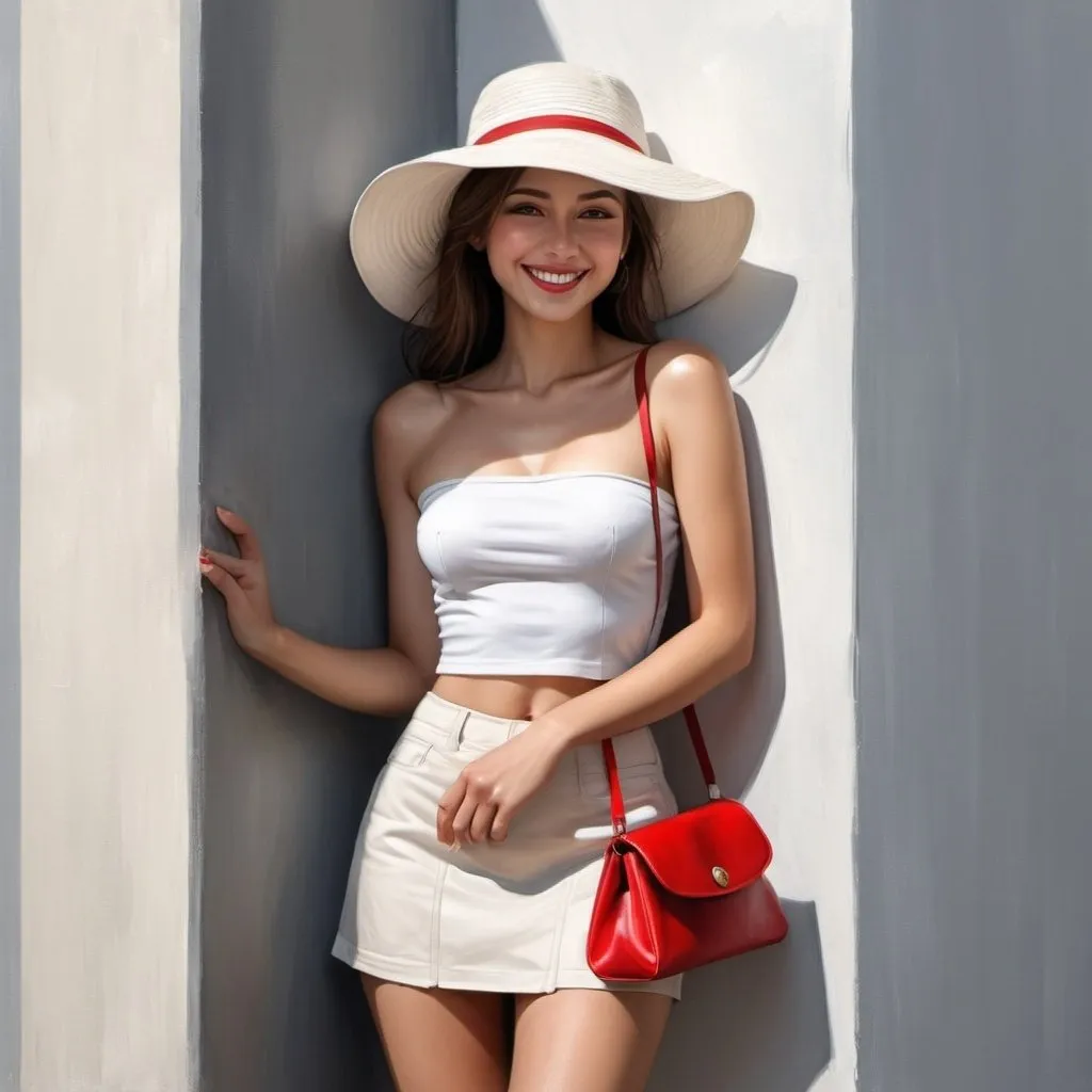 Prompt: 4k , high resolution , digital painting , realism, artistic  ,modeling , fashion , white brown black and gray colors shot , wall , a woman is leaning against the wall , creme white miniskirt , white tube top , red summer hat , she holds red bag , smile , close up , sun shines light  on the woman 