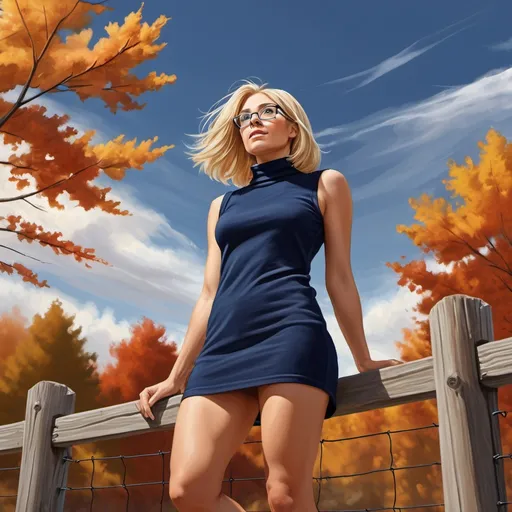 Prompt: digital painting  , high resolution ,autumn , "A woman(low angle shot) with blonde hair (Long Layers with Face-Framing )and glasses , She is wearing a navy blue sleeveless turtleneck mini dress(revealing thighs)   ,view from the ground up to the sky , she is leaning against wooden fence 