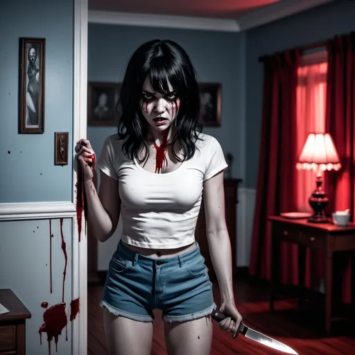 Prompt: 4k , high resolution , illustration , horror ,achromatic, black white and red shot,room , parquet , blood , a woman is standing in the living room and holding a knife , opened mouth , teeth revealing ,
, black hair , white crop top , blue shorts ,  creepy look , portrait , 