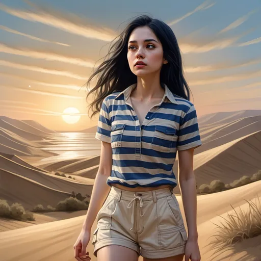 Prompt: digital painting , (woman in a striped shirt)(horizontal stripes ,blue and white) and (ivory cargo shorts ) (striking outfit),(long black hair,pale skin), intricate details,she is looking up the sky , sandy background, rolling hills, sunset sky featuring hues reminiscent of sand, , soft lighting enhancing the scene, (high-quality) (4K), emphasizing contrast between her vibrant attire and the tranquil natural setting, highlighting her presence against the picturesque landscape , 