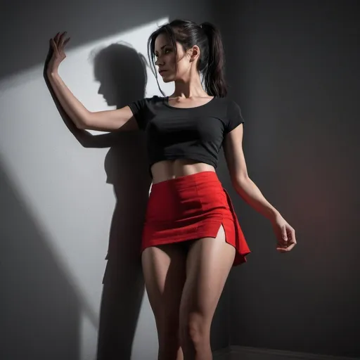 Prompt: 4k , high resolution , dark colors ,achromatic grays , detailed photo modeling , artistic, room , corner , a woman is leaning near the wall,hands touch the wall ,low angle shot,show legs,portrait,ponytail, black hair , black crop top shirt , detailed red miniskirt, light shines the woman , light and shadow photography , expressionism ,modeling stance 