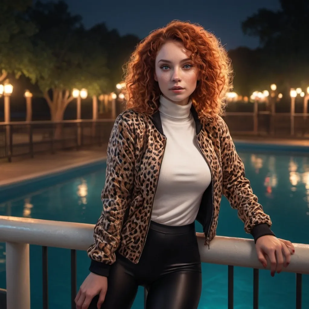 Prompt: 4k, high resolution, digital painting, professional, detailed features, night park scene, illuminated pool ,safety railing, woman leaning against railing,
red curly hair , leopard printed jacket , white turtleneck , black leggings ,
 illuminated water, 
lights, atmospheric lighting, confident pose 