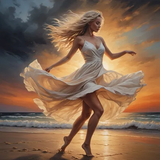 Prompt: 4k ,oil painting , high resolution ,artistic, dark colors, sea , sunset , sand , a woman is dancing,dramatic dance ,good mood, fun,joy, white cream short dress ,detailed dress, blonde long hair  ,dynamic, dress moves while dancing , low angle shot ,legs , good composition , strong wind , close up