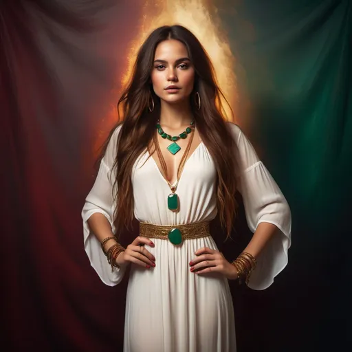 Prompt: high resolution , bright colors , 4k , A digital painting of good looking woman in white Bohemian Maxi dress 
  ,long hair , bracelet, emerald green necklace stone connected with golden chains ,  she is in studio backdrop with a textured dark red and maroon gradient, featuring soft shadows and a moody vignette effect, creating a warm and elegant ambiance." , she is standing in a modeling pose , artistic photography , fashion  