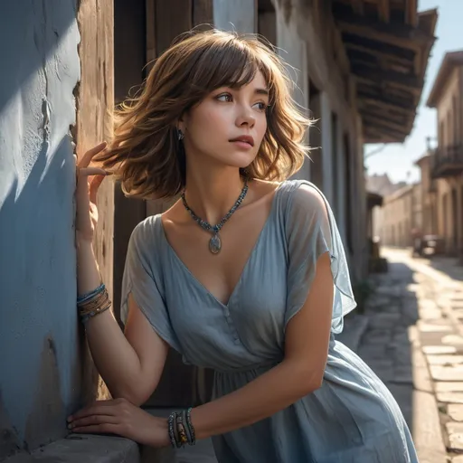 Prompt: digital painting of a woman( in (light blue dress   ,bracelet , necklace)bangs hair , leaning against the wall in modeling pose(low angle shot) outside on a sunlit street, (daylight streaming softly onto her skin), natural lighting, dark colors, crisp details, (old buildings with rustic walls , emphasize the woman's outfit ), high resolution, 4K, emphasizing the warmth of the sun and the comfort of the scene, ultra-detailed elements creating a lively outdoor atmosphere.,ultra detailed face features 