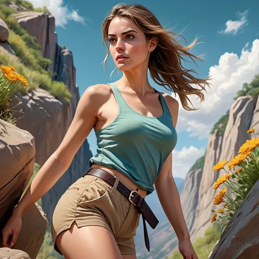 Prompt: 4k , high resolution  ,digital painting , photorealistic painting ,artistic , nature , blue sky  ,mountain ,woman in modeling pose , flowers,rock, short beige pants with belt ,dark green tank top shirt , close up , modeling , model stance , sweat,summer , hot , unique pose  , 