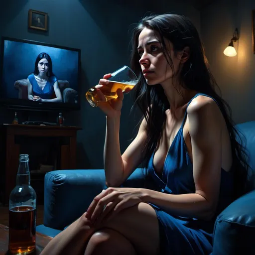 Prompt: <mymodel>
4k , high resolution , photorealism , painting ,emotional ,digital ,blue color in background ,expressionism,modeling , artistic , dark room , woman sits on couch and watches television ,the television screen reflects lights on the woman  ,she holds beer bottle in her hand , she is sad and bored 
eyes , sad eyes , low angle shot