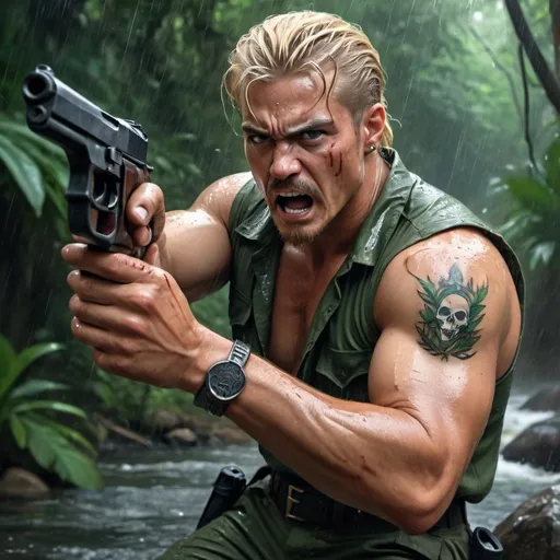 Prompt: 4k , high resolution , detailed , digital painting ,professional , action movie, dark colors , jungle ,river , rock, a man , he holds a pistol and aims it , green undershirt , army pants , mullet hairstyle , blonde hair , the parted pencil mustache , muscular , aim stance ,badass look ,bullet belt, tattoo of skull on his arm , angry face , he is yelling , full body  , shooting scene , wet skin , rain , blood