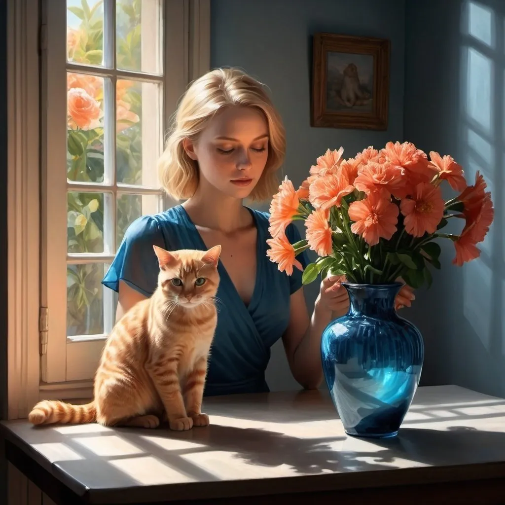 Prompt: 4k , high resolution , detailed , digital painting , realistic painting , dark room , window shutters,woman, a blue transparent vase on table , coral flowers on vase ,
a blonde woman holds ginger cat on her hands near to the vase,
sunlight shines the room