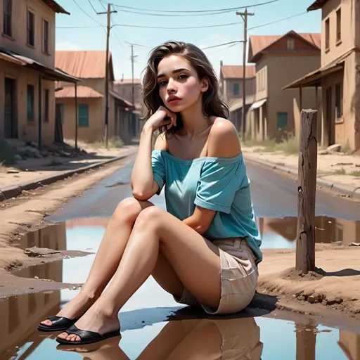 Prompt: 4k , high resolution , modeling , fashion, outside  ,digital painting , realism , urban , road mixed with sand  ,old poles , old houses are behind , sky , puddle , 
a woman is sitting on the ground , modeling stance , artistic , creme white shorts ,  off shoulder tiffany blue shirt , dark colors , 