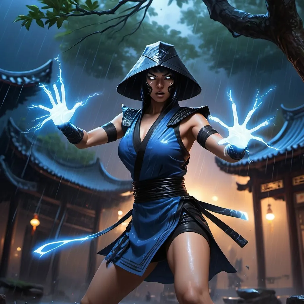 Prompt: 4k ,oil painting ,fantasy, high resolution ,artistic,modeling,mortal kombat character , a female ninja throws an thunder magical balls,thunder lights in background ,blue light caused by the thunder,she leans against a tree,black hair,she wears rain chinese  hat , long blue ninja outfit , white short skirt reveals legs, low angle shot ,focus on legs ,thigh,dynamic , wind ,rain,old chinese temple  , powerful look, throwing stance , angry face ,electric white eyes  , she is screaming , electric aura around the female ninja