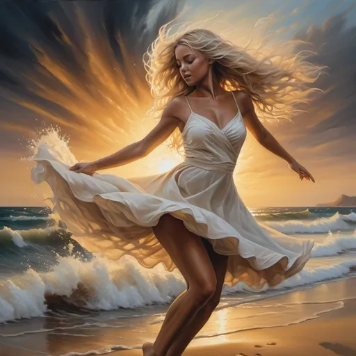 Prompt: 4k ,oil painting , high resolution ,artistic, dark colors, sea , sunset , sand , a woman is dancing,dramatic dance ,good mood, fun,joy, white cream short dress ,detailed dress, blonde long hair  ,dynamic, dress moves while dancing , low angle shot ,legs , good composition , strong wind , close up , strong wave 