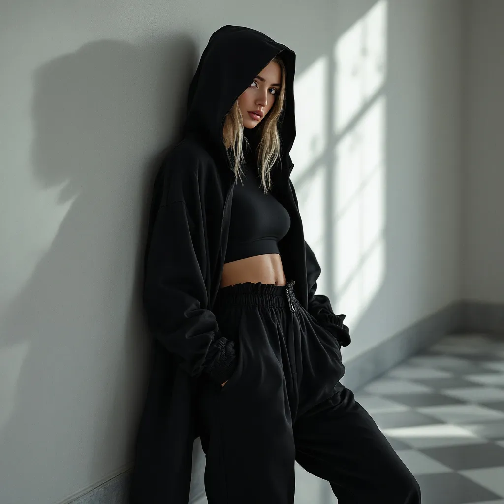 Prompt: photorealistic, high-resolution artistic photography, female model leaning against the wall creating an artistic photo by her pose and lighting settings , donning an open black hoodie covers her head paired with a black crop top and high-rise pants, studio setting with professional lighting highlighting her features, elegant black and white tiled floor shining beneath her, dynamic composition showcasing strength and grace, ultra-detailed textures and fabric of the attire, stylish and contemporary atmosphere.