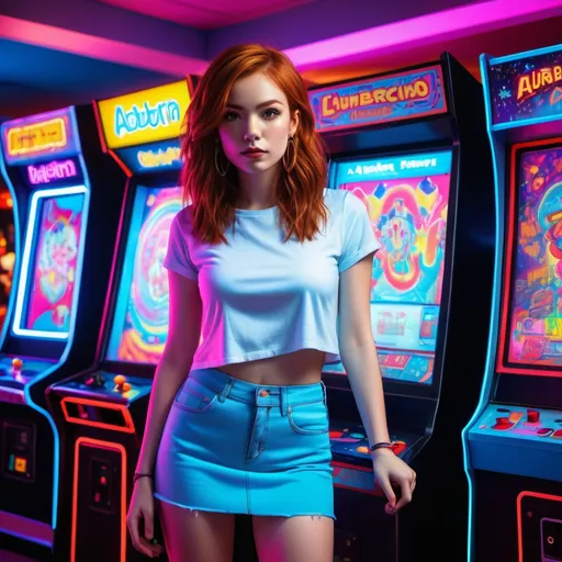 Prompt: (vibrant neon lighting), a woman (auburn hair)standing confidently(crop top shirt , night miniskirt ), (,arcade machine in background) filled with dynamic colors, contrasting red and soft light blue hues illuminating the background, an energetic and night atmosphere, captivating details enhancing the nightlife experience