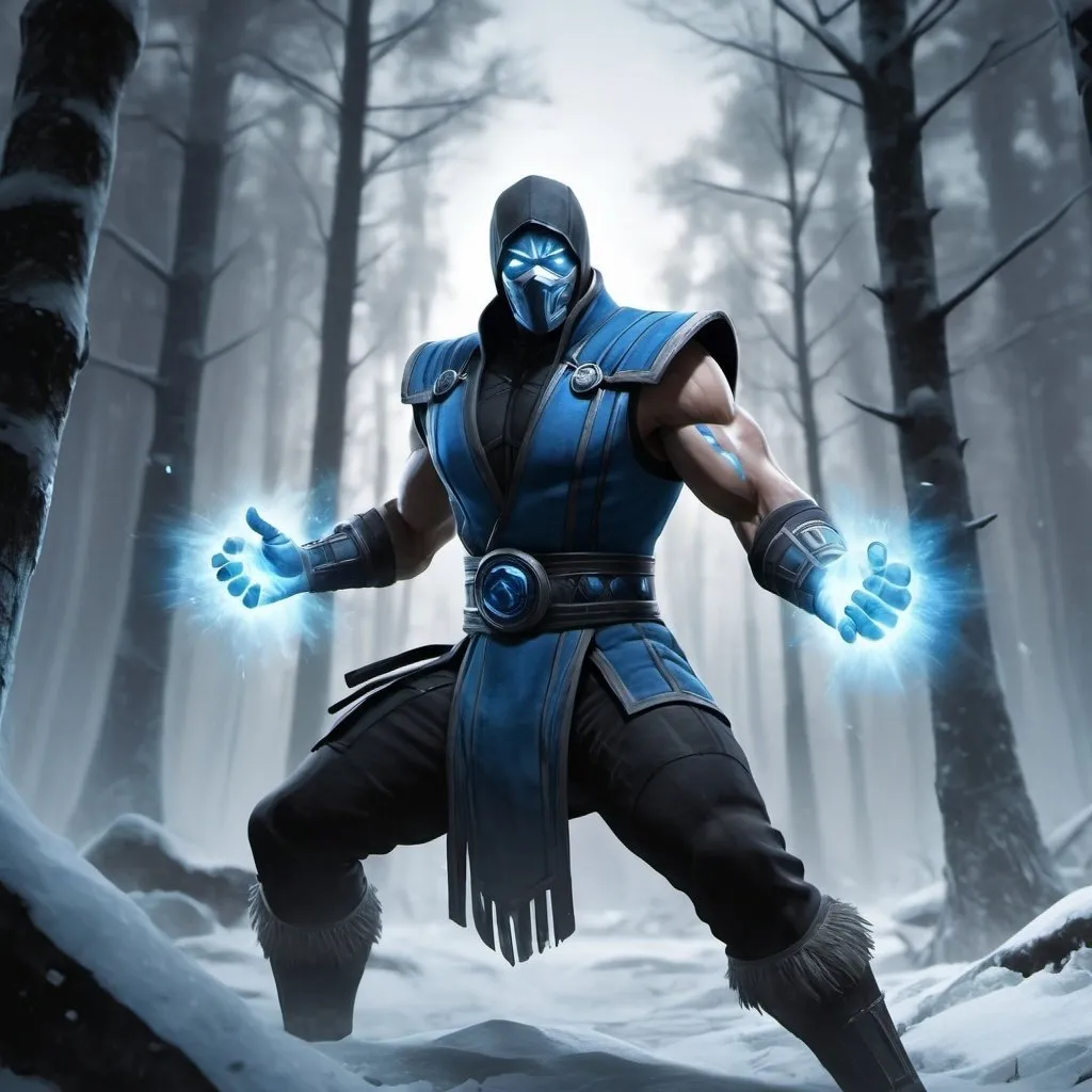 Prompt: high resolution ,4k , fantasy , ,dark ,frozen forest , colors , digital painting , cryomancer , hyper realism , mortal kombat ,aggressive , violent, 
 , sub zero is in throwing stance, an magical  ice ball , the ice ball is in the air , dynamic ,
white glowing eyes ,,, the ice ball reflects blue aura around sub zero's hands and shines sub zero's face , low angle shot , show full body , fighting