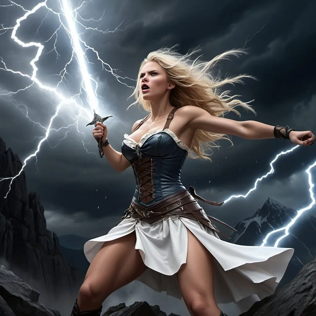 Prompt: 4k , high resolution ,fantasy, illustration , dark colors , artistic ,mountain, a woman rises up magical sword ,big storm caused by the magical sword , strong wind ,dark background, blonde hair , white combat corset , white short skirt revealing legs , low angle shot ,combat stance , thunder around the sword , sword's blade glowing with the thunder 