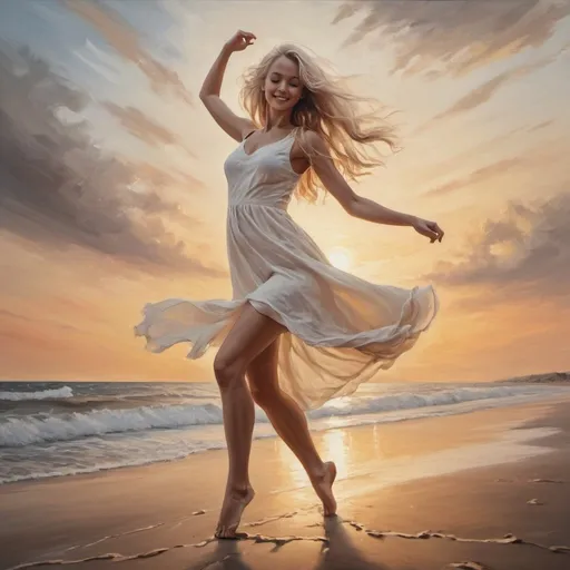 Prompt: 4k ,oil painting , high resolution ,artistic, achromatic colors , sea , sunset , sand , a woman is dancing ,good mood, fun,joy, white cream short dress , blonde long hair  ,  dress dynamic, moves while dancing , low angle shot , feet , good composition , strong wind , 