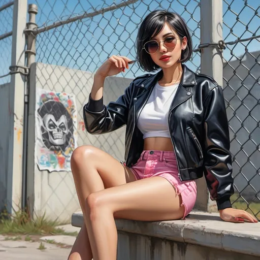 Prompt: 4k , high resolution , detailed , bright colors, photo,digital painting , photo realism painting  , artistic ,professional ,  a woman is sitting on chair ,old white concrete wall  behind her , garbage  , chain-link fence,modeling stance , black hair , bob haircut , opened black jacket , white crop top shirt , pink shorts ,sunglasses ,mirrored lens , pink temple, , portrait , smile , 