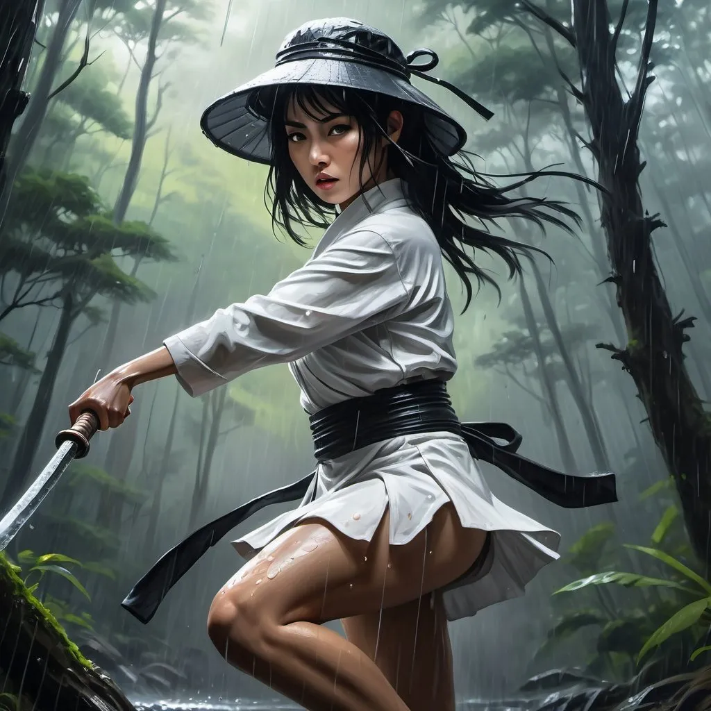 Prompt: 4k ,oil painting ,fantasy, high resolution ,artistic,modeling, a female ninja holds a sword with both hands,black hair,she wears rain hat , long white ninja outfit , white short skirt reveals legs, low angle shot , combat stance ,dynamic , wind ,,forest,rain,dark area , 