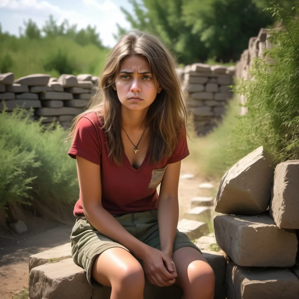 Prompt: (abandoned old sandy small play field ), (old photography style, photo realism ), loner woman sitting on small dry stone walling ,,she looks sad(expressionism) ,long hair( uncombed hair style) , red, v-neck shirt ,cargo brown shorts  , necklace , sandy ground, green lush bushes in the background, dark colors , ,  sunlight casting soft shadows, intricate details, , ultra-detailed,, high resolution , detailed face ,nostalgic atmosphere