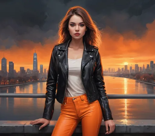 Prompt: digital painting of a woman (black leather jacket ,orange pants ) (close up)  , city skyline and  a river in the background at night time with a bright orange sky reflecting on the water ,winter ,fog ,clouds , art photography, at night, high resolution , realism , beautiful sunset , close up 