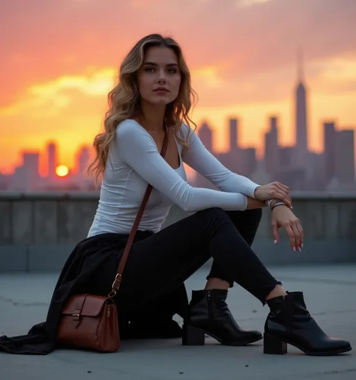 Prompt:  A stylish woman, dressed in a white long-sleeved tank top and black skinny jeans, sits confidently on a rooftop at sunset. Her black ankle boots add a touch of edge to her outfit, while a brown leather crossbody bag hangs casually at her side. A black jacket is tied around her waist, The sky is painted with vibrant hues of orange and pink as the sun dips below the horizon, casting a warm glow on her figure. The city skyline stretches out behind her, silhouetted against the colorful sky, creating a dramatic backdrop. The scene captures a moment of tranquility amidst the bustling city, with soft light illuminating her features.
