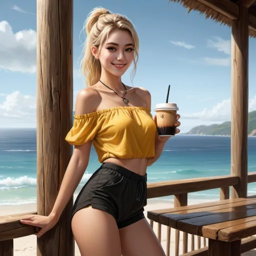 Prompt: a woman stands next to wooden pole and holds coffee from cup ,wooden table ,window , beautiful view , sea ,sand, high resolution , 4k , digital painting , realism , the woman wears black shorts , yellow off shoulder top ,blonde hair , ponytail ,necklace , legs , artistic modeling stance , modeling  photography  , close up , low angle shot ,dark colors , smile , portrait 