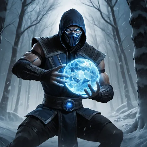 Prompt: high resolution ,4k , fantasy , ,dark ,frozen forest , colors , digital painting , cryomancer , hyper realism , mortal kombat ,aggressive , violent,
 , sub zero is in throwing stance, an magical  ice ball , the ice ball is in the air , dynamic ,
white glowing eyes ,,blue aura is around the ice ball , the ice ball creates blue light in the background  and around sub zero's hands , low angle shot , show full body , fighting